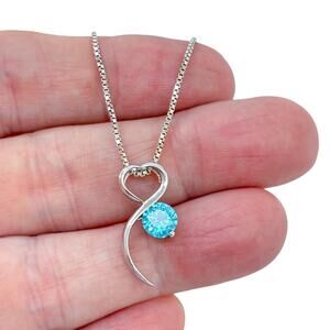 Estate Sterling Silver 925 Blue Cubic Zirconia Heart Swirl Pendant Necklace 18"